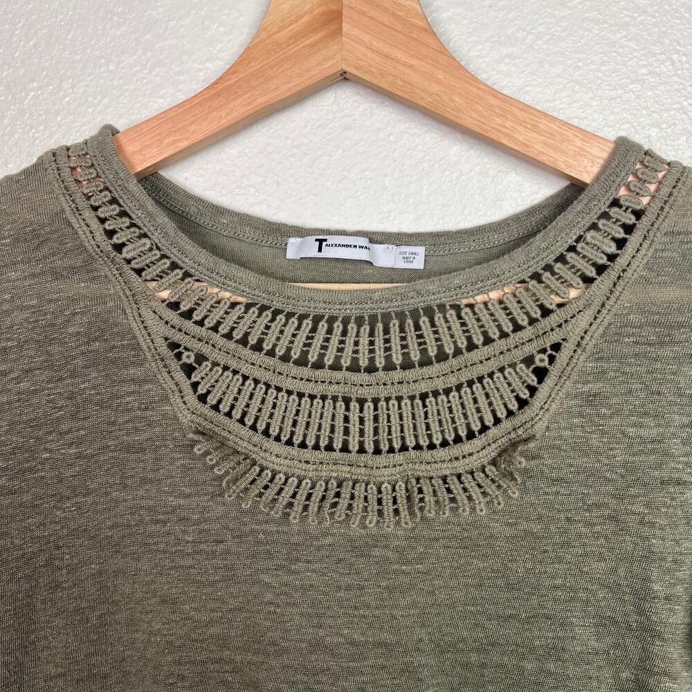 T by Alexander Wang Size Small Olive‎ Green Linen Crochet Front Short Sleeve Top - Picture 2 of 6